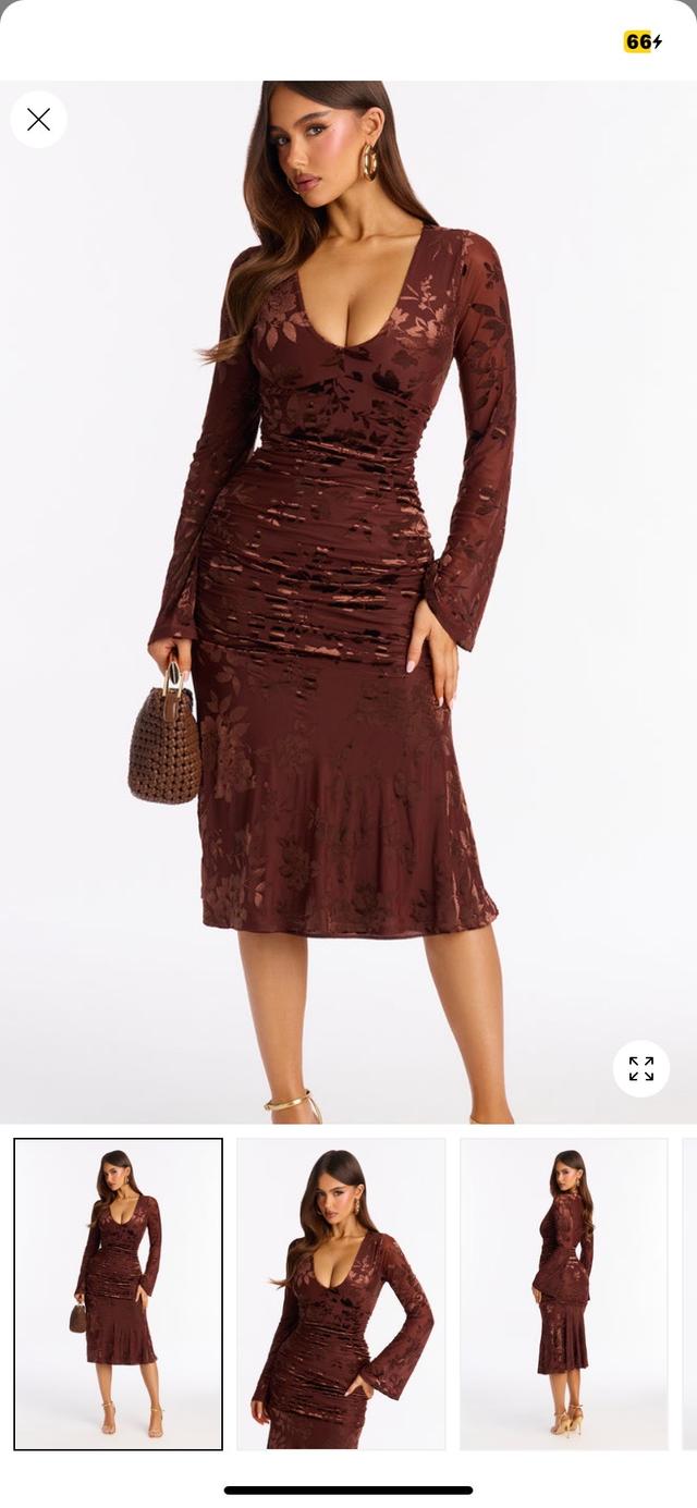 brown floral velvet burnout midi dress