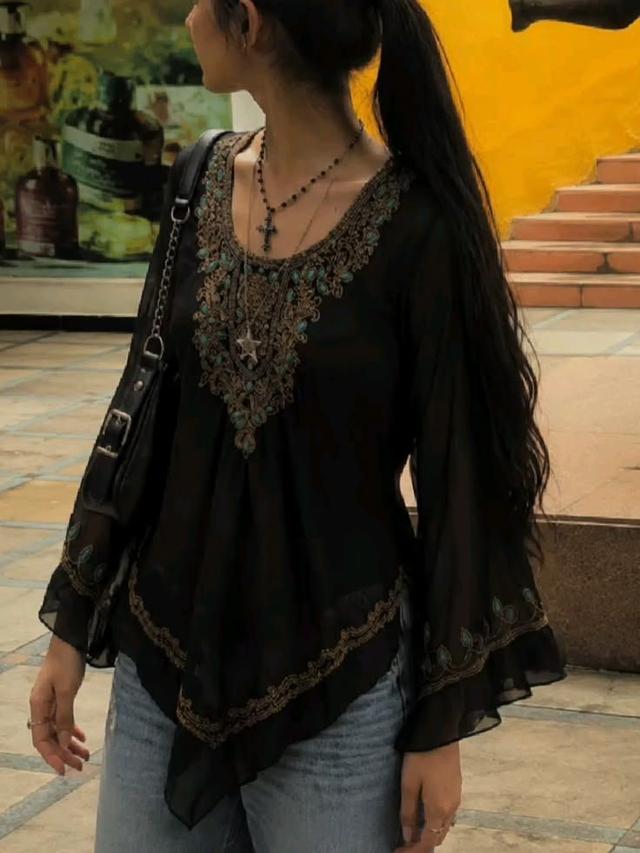 black embroidered sheer chiffon boho blouse
