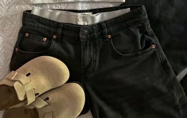 black denim shorts with silver waistband