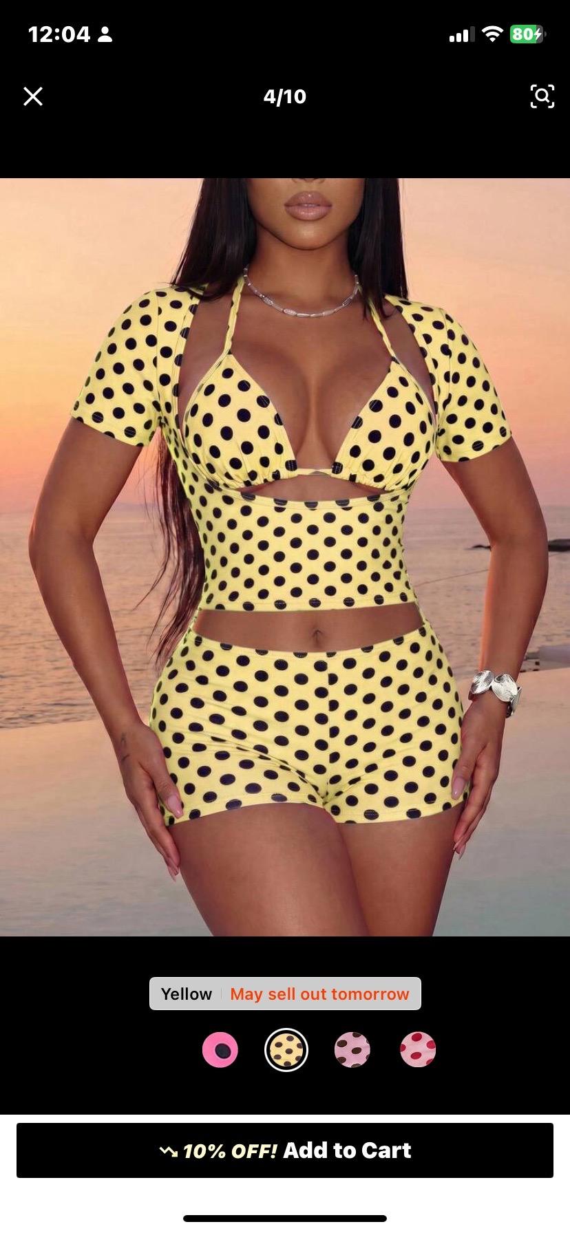 yellow and black polka dot bikini top with matching shrug and shorts