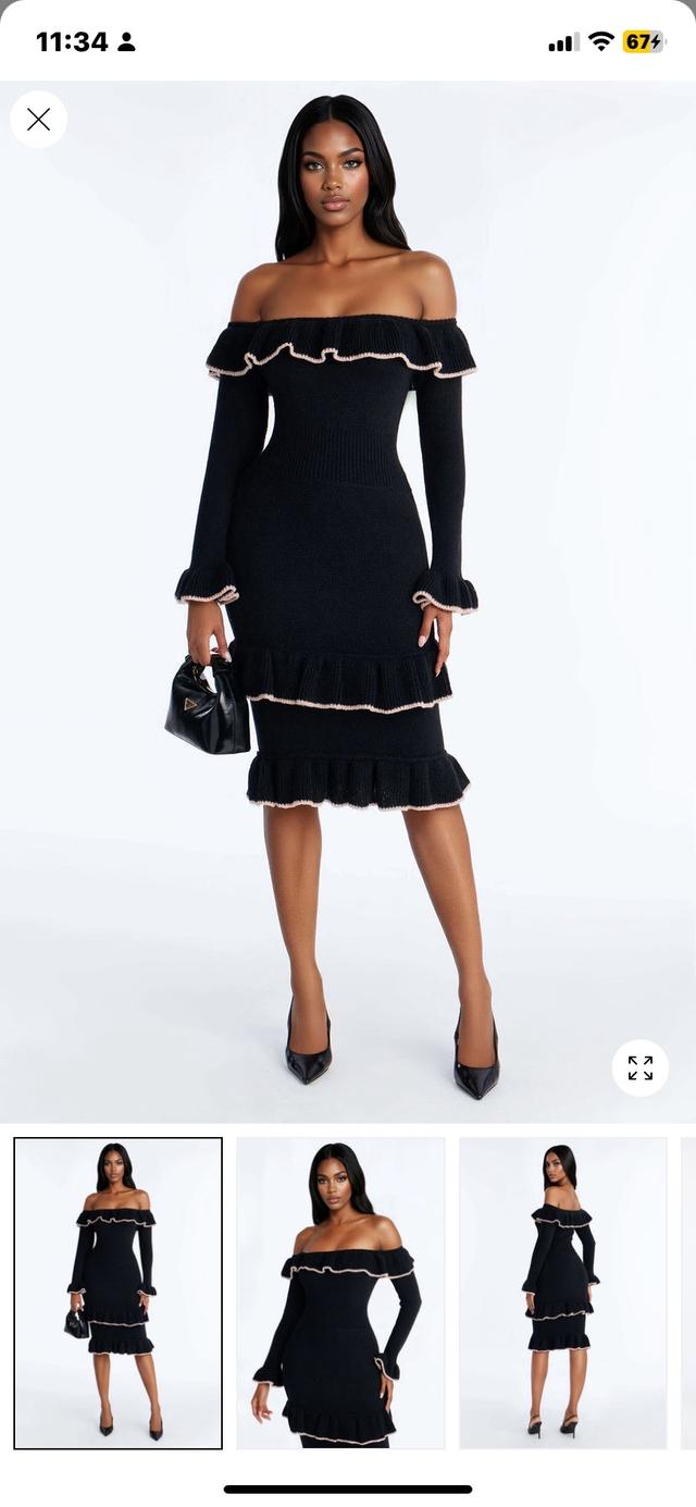 black off-shoulder knit dress with contrast ruffle trim