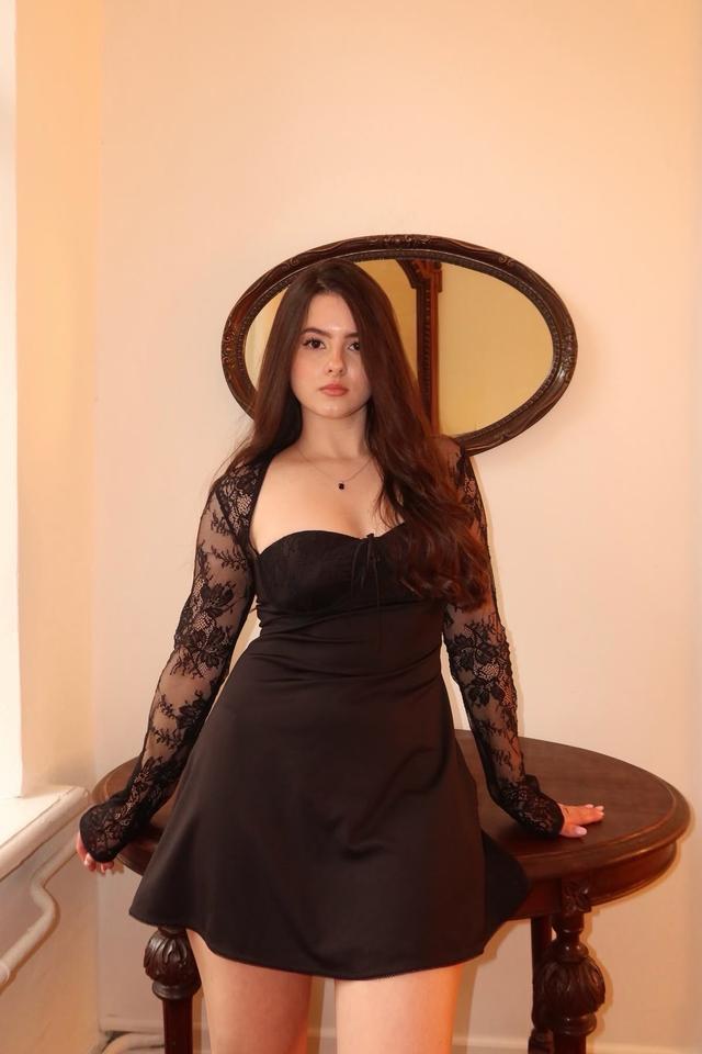 black satin mini dress with lace long sleeves