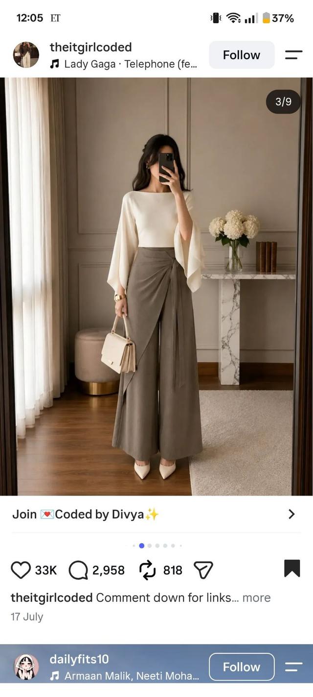 cream boat-neck flutter-sleeve top with taupe wrap-front trousers