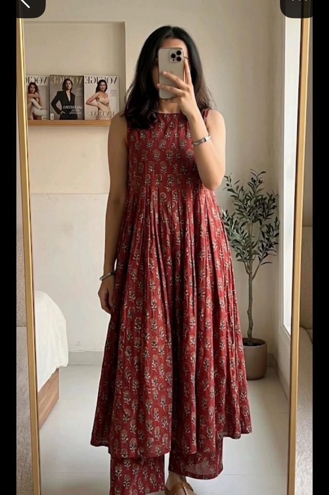 maroon floral block print cotton kurta set