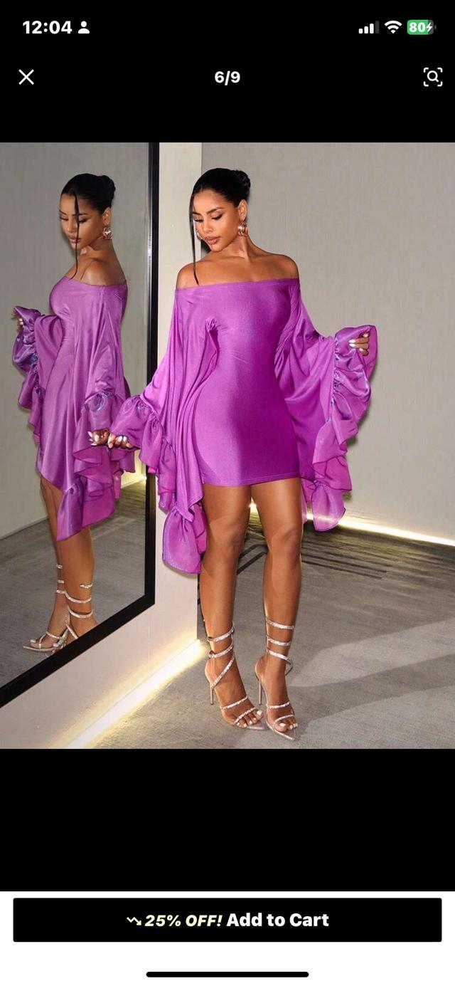 vibrant purple off-shoulder mini dress with dramatic ruffles