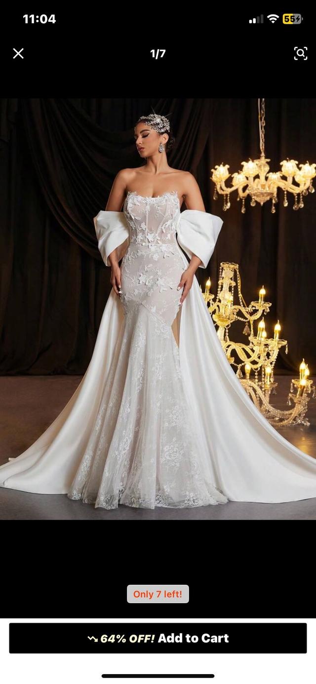 white strapless lace and satin mermaid bridal gown