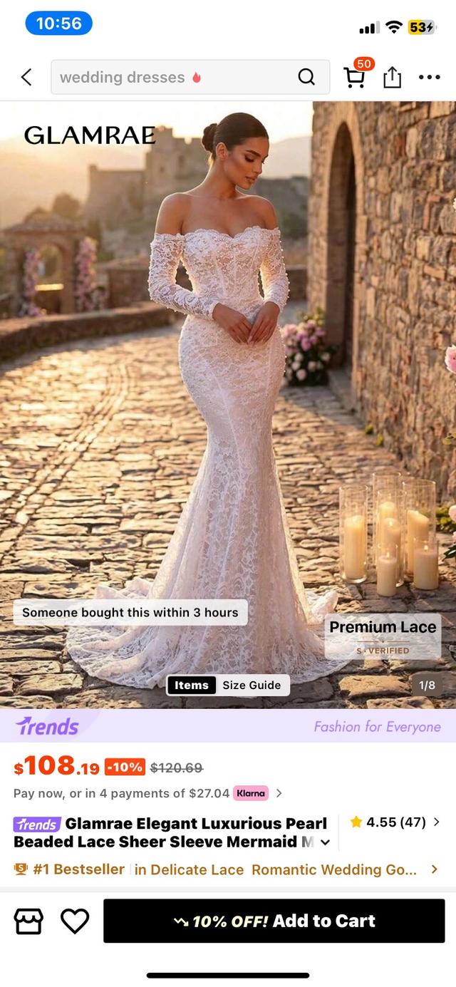 off-shoulder lace mermaid bridal gown with pearl detailing