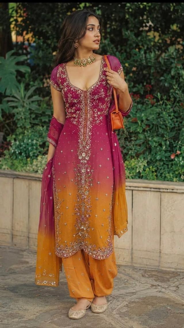 ombre magenta and orange embroidered silk kurta dress