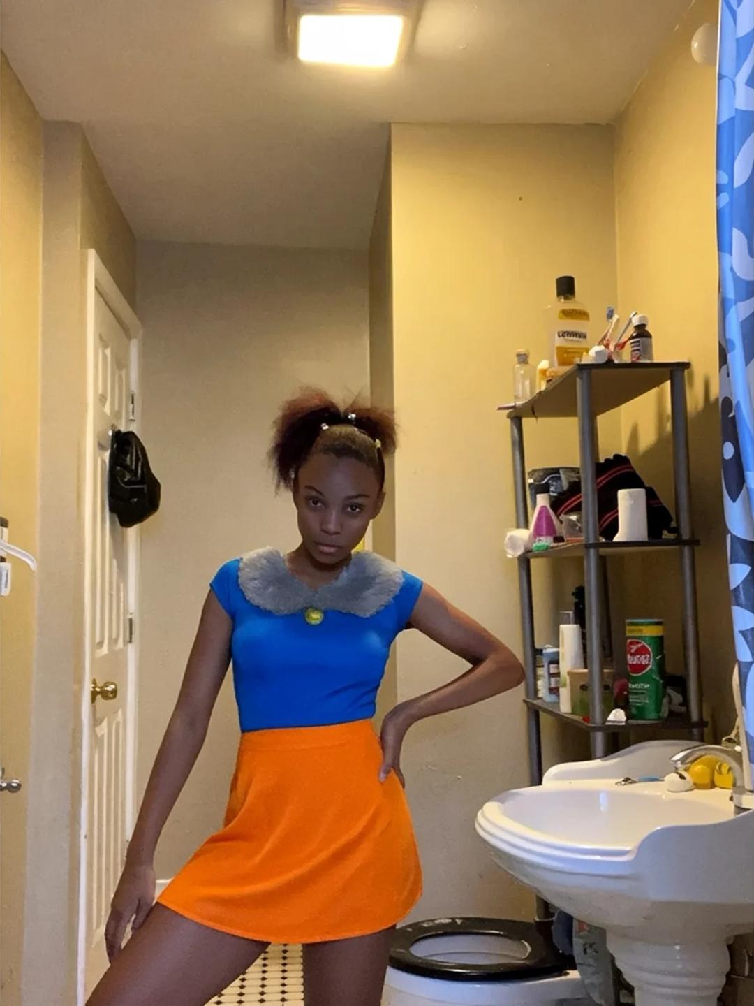 blue and orange colorblock dress with faux fur collar