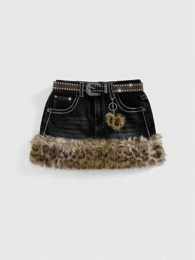 black denim mini skirt with faux fur leopard trim