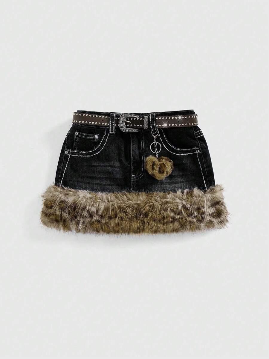 black denim mini skirt with faux fur leopard trim