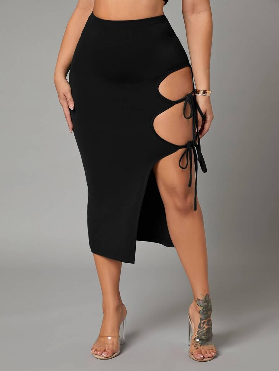 solid black tie side pencil skirt