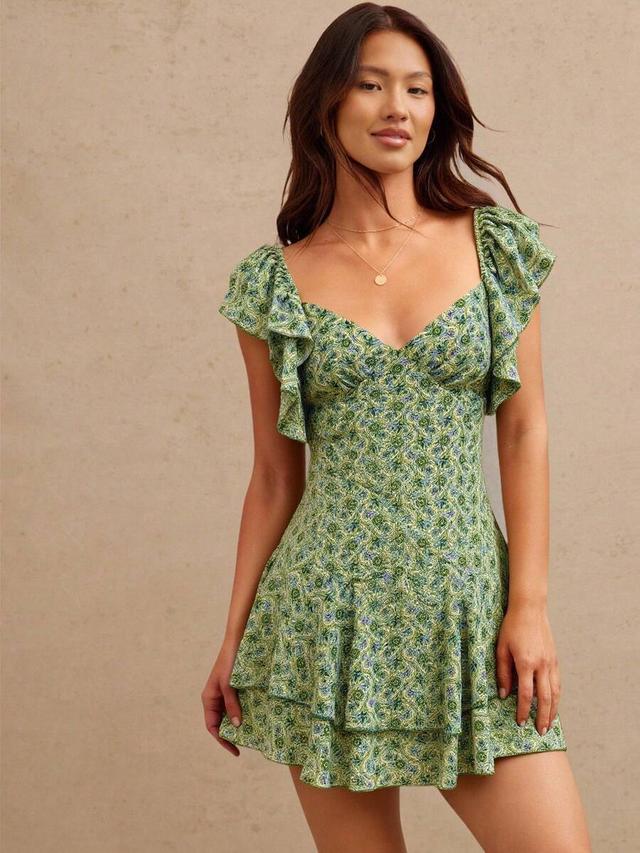 green paisley print ruffle tiered mini dress