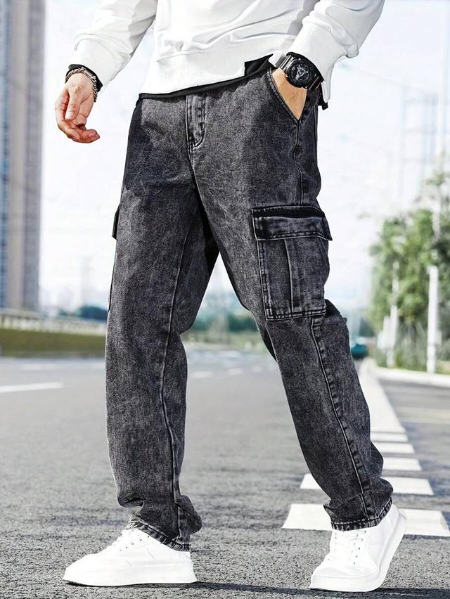 men's washed deep gray straight leg cargo jeans