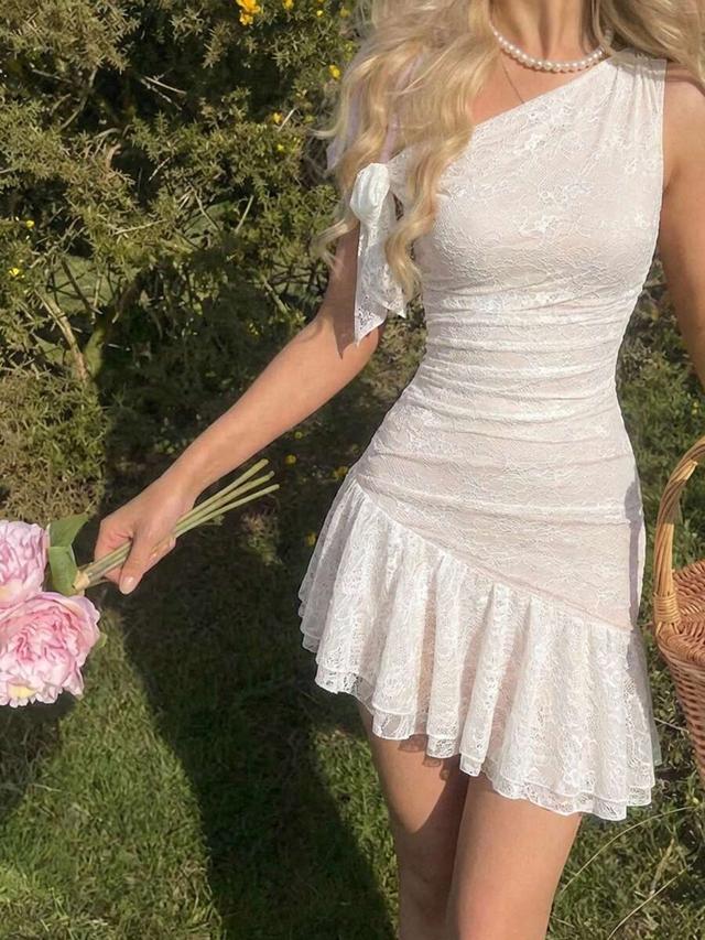 white lace asymmetric shoulder layered ruffle hem dress