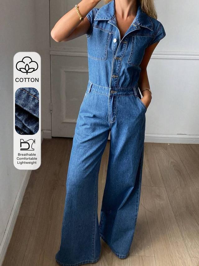 blue denim short sleeve jumpsuit with wide legs