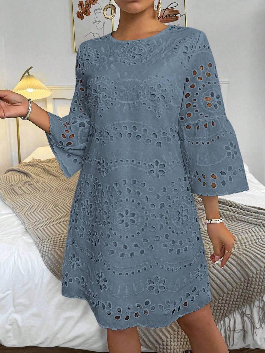 breezaya floral hollow-out embroidery round neck flare sleeve dress