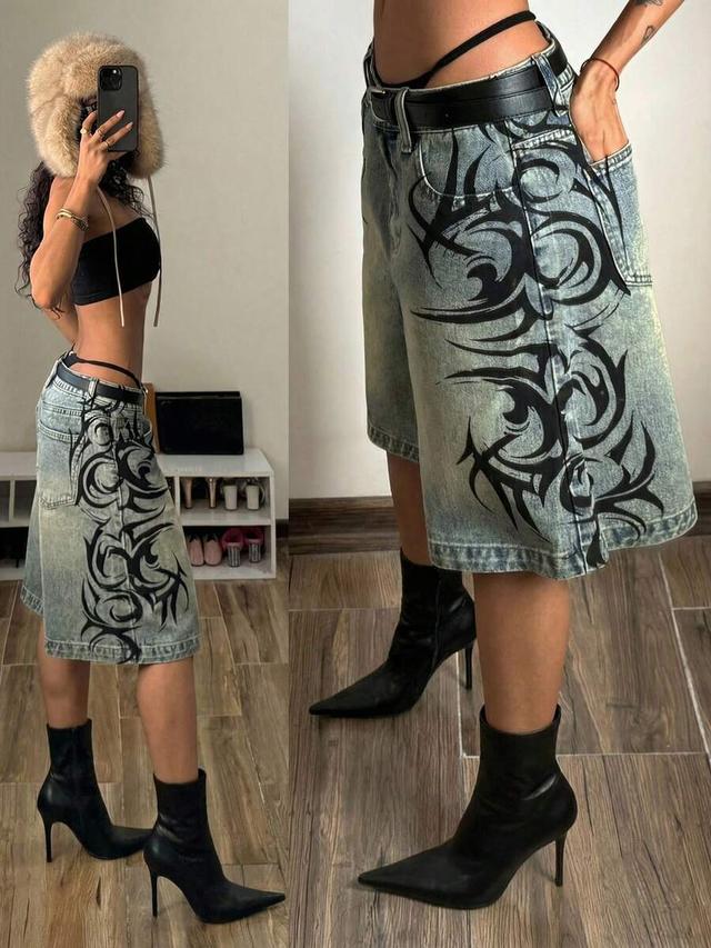 acid wash denim shorts with black tribal print