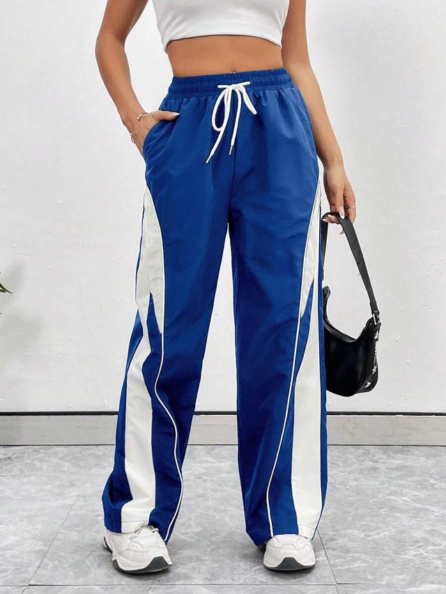contrast color pocket drawstring casual loose sporty pants