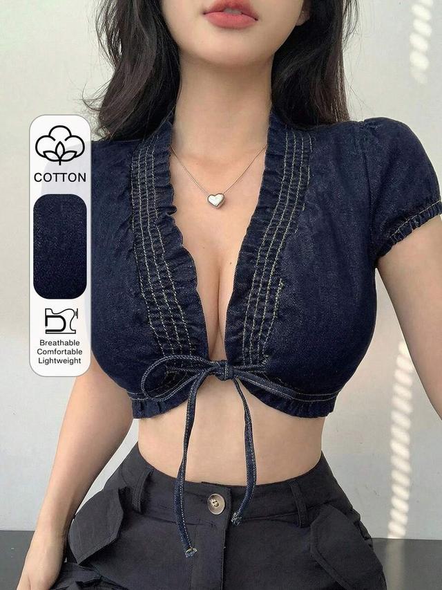 dark wash denim cropped tie-front blouse