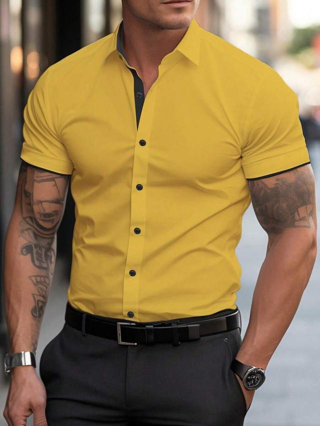 yellow short sleeve single-breasted smart casual shirt