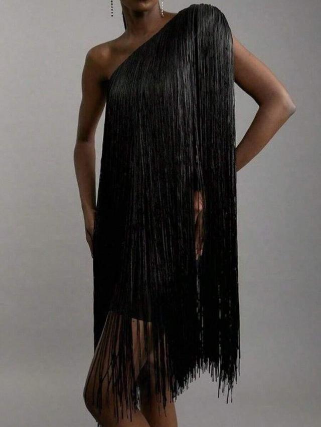 black one-shoulder fringe embellished cocktail dress