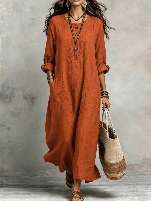 rusty orange linen blend round neck long sleeve dress