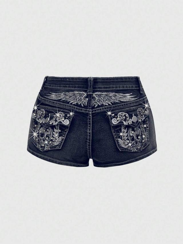 black denim shorts with skull and wing embroidery