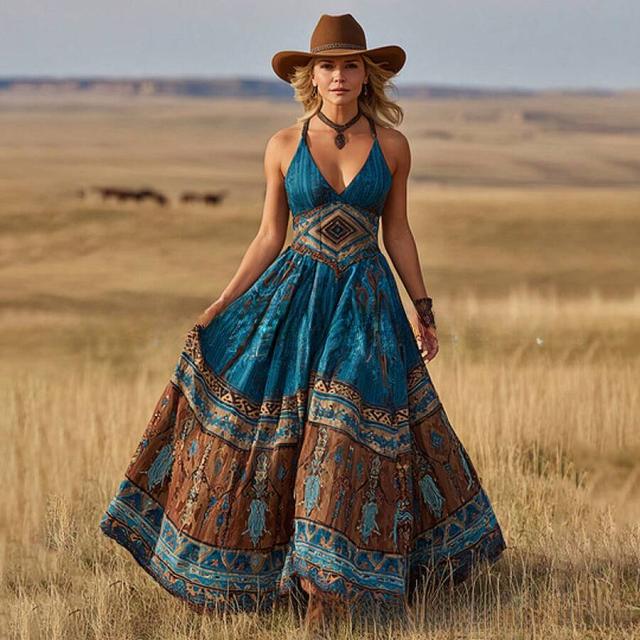 blue brown bohemian printed maxi dress with deep v-neck