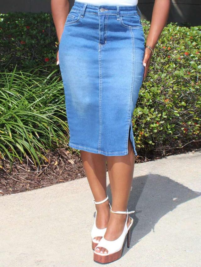 stretchy blue denim knee-length pencil skirt