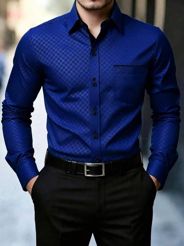 blue diamond patterned long sleeve button up shirt