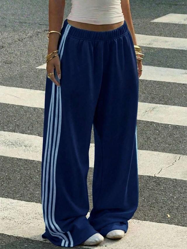 blue knit patchwork striped wide leg casual sweatpants