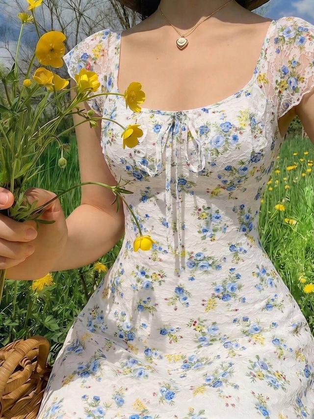 vintage floral print lace sleeveless summer dress