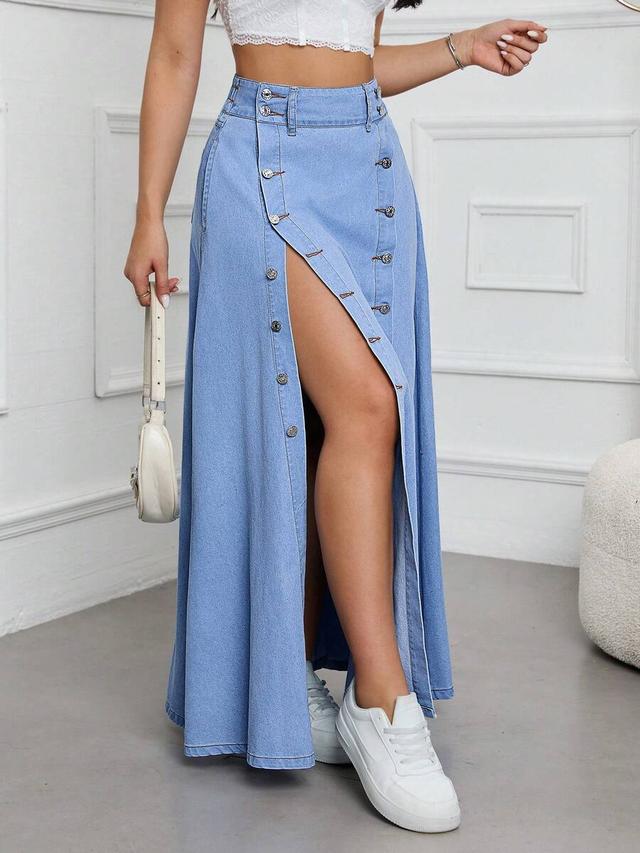 light wash denim button-front maxi skirt