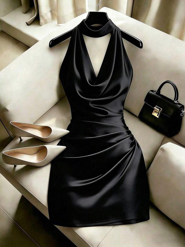 black satin cowl neck draped mini dress