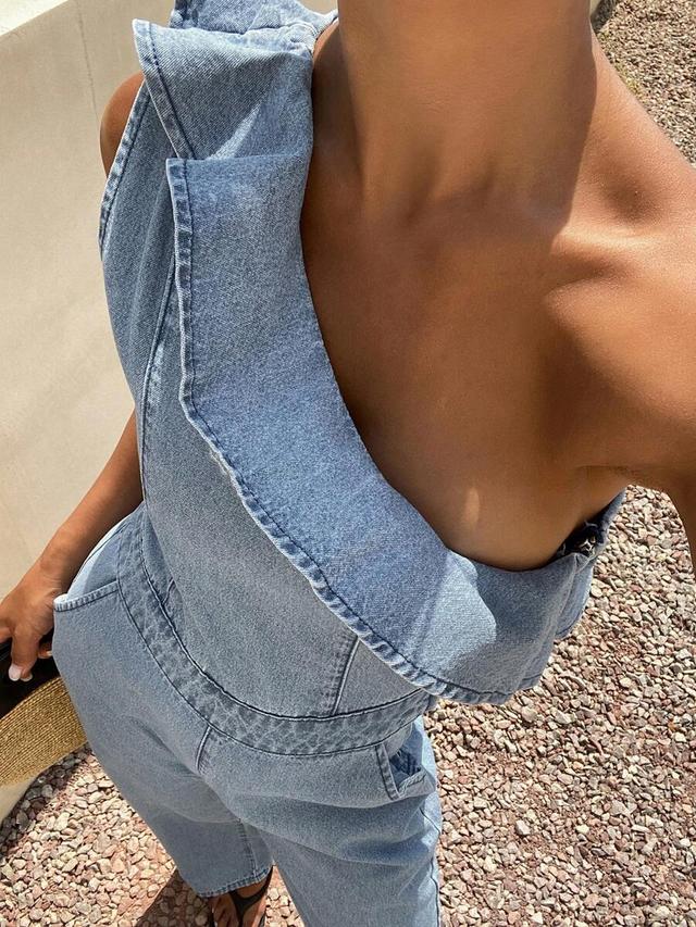 ruffled trim one shoulder denim jumpsuit