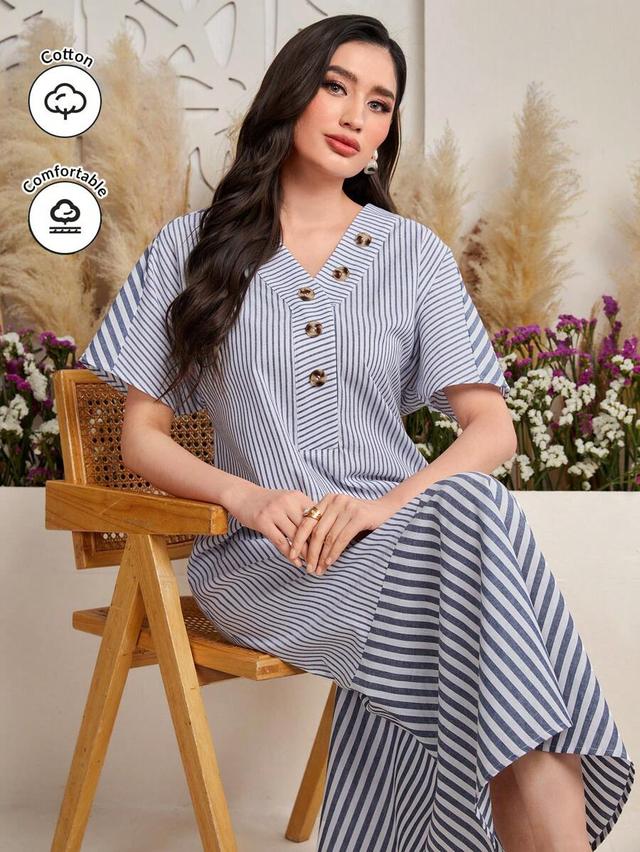 stripe print short sleeve batwing dress with button detail