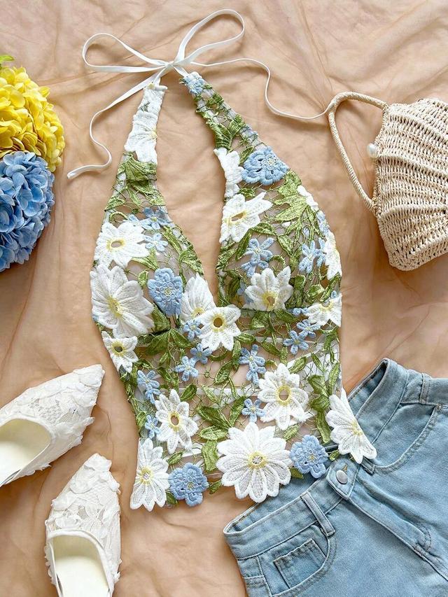soleia green floral embroidered v-neck backless tie strap camisole