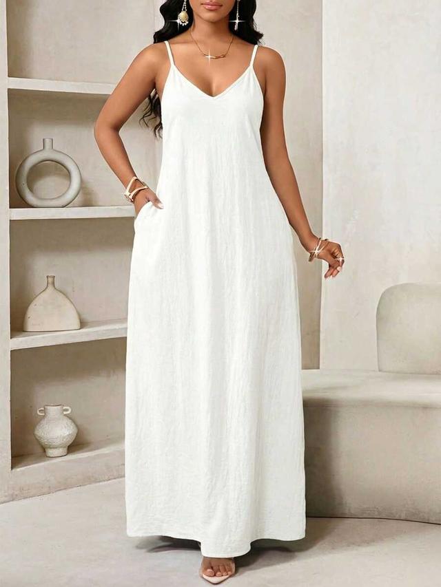 white sleeveless cotton maxi dress with side pockets