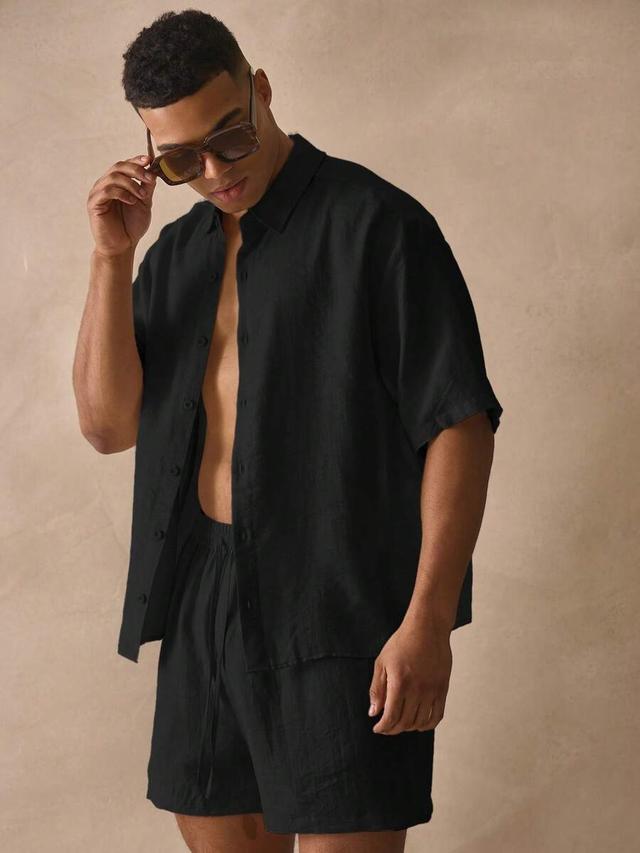 musero short sleeve boxy button through collared linen shirt