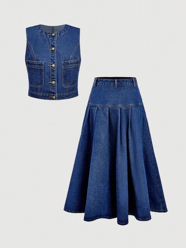 denim sleeveless vest and pleated midi skirt set