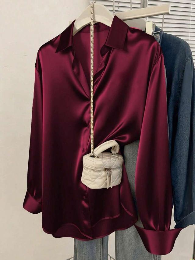 burgundy women's burgundy satin button-down collared shirt