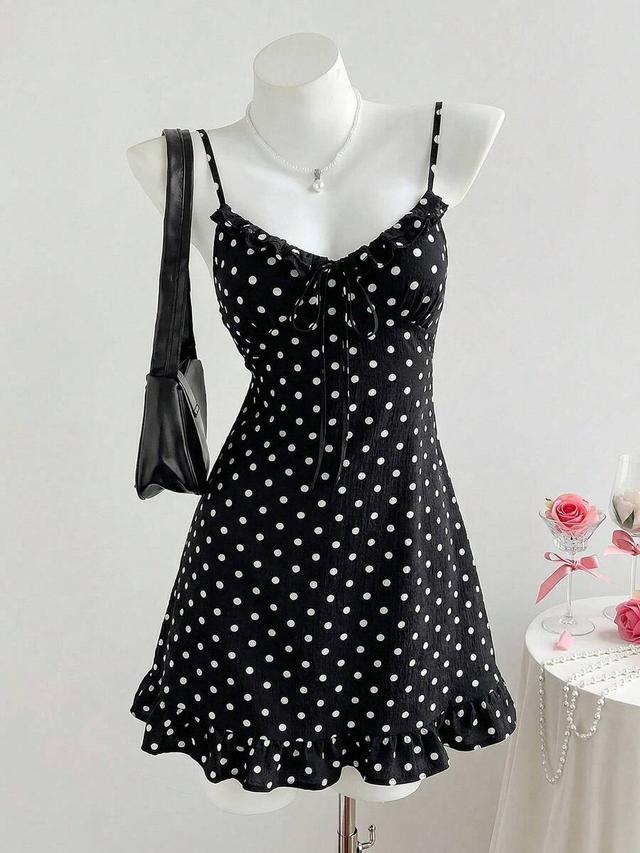 black and white polka dot ruffle hem cami dress