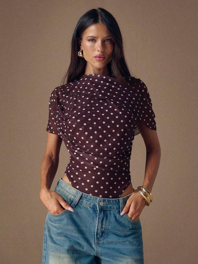 brown polka dot turtleneck ruched mesh bodysuit
