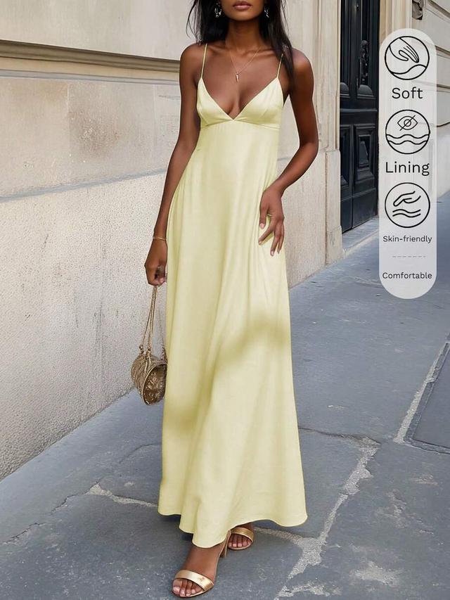 women's pale yellow satin v-neck maxi dress