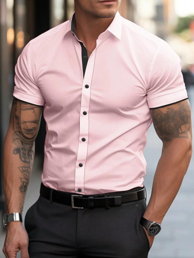 men's light pink short sleeve shirt with contrast trim