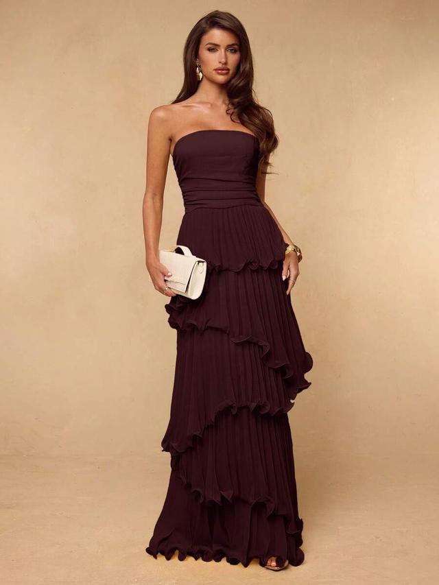 burgundy strapless multi-layer ruffle pleated long dress