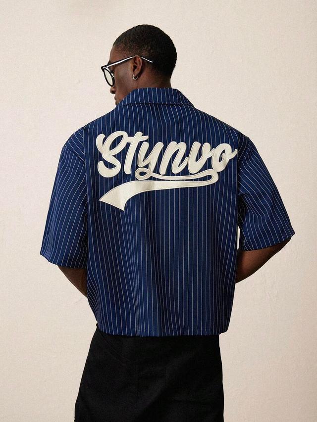 stynvo men's casual striped letter embroidered short sleeve shirt