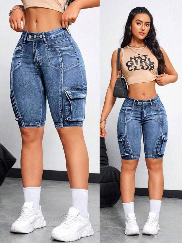 light blue utility pocket denim shorts