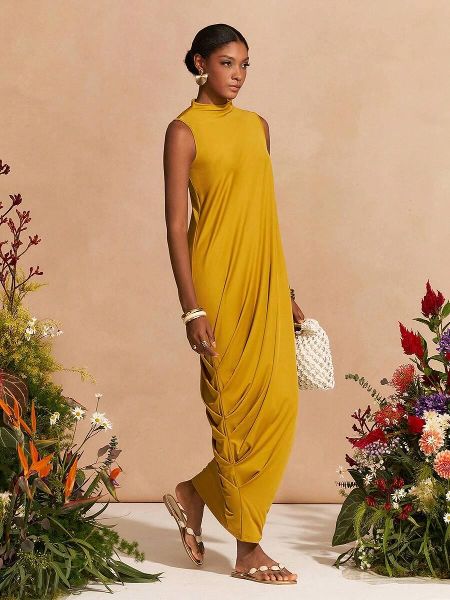 mustard yellow sleeveless midi knit dress with side ruching